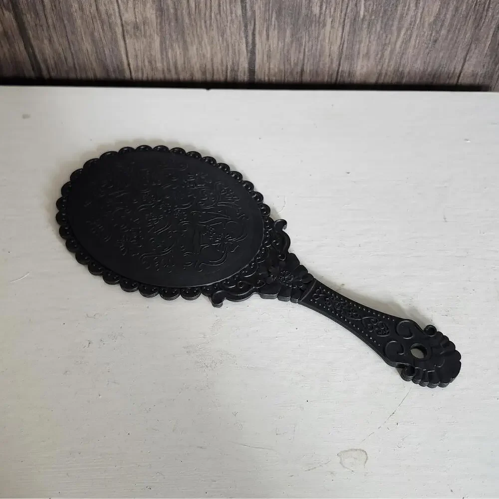 Vintage Style Handheld Mirror Vanity Mirror Plastic Black Ornate Design
